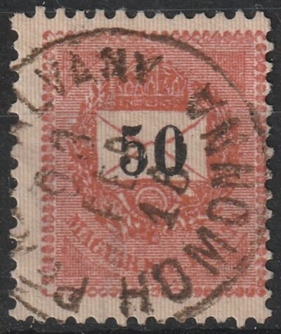 1889. 50 kr /E/ "fáklya" lemezhibával - PÉNZUTALVÁNY / HOMONNA bélyegzéssel (MBA. 400-1000 pont)