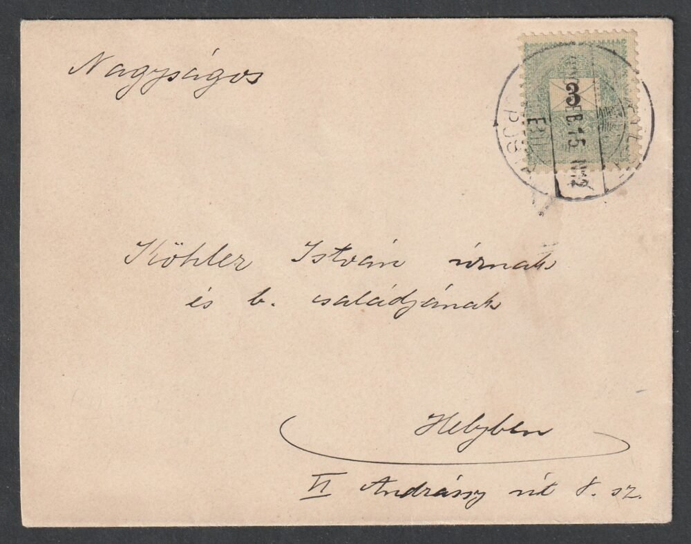 1900. február 15. Budapest helyi levél türelmi időben felhasznált 3 krajcárossal bérmentesítve