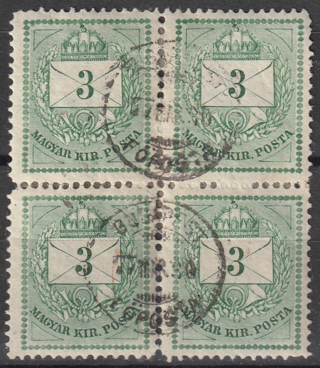 1874. 3kr zöld négyestömb (falccal megerősítve) 1 1874. 3kr zöld négyestömb (falccal megerősítve)