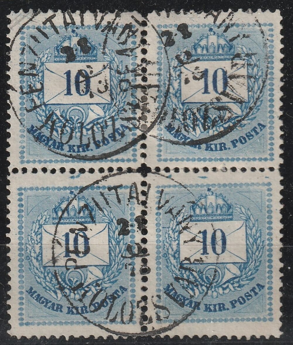 1874. 10kr sötétkék négyestömb (falccal megerősítve) (MBK 300 pont) - PÉNZUTALVÁNY / KOLOZSVÁR