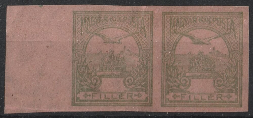 1913. Turul 60f olajzöld/rózsa, értékszám nélküli, vágott ívszéli pár