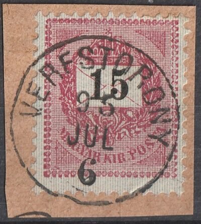 1889. 15 kr /E/ kivágáson,  VERESTORONY bélyegzéssel ( Gudlin 200 pont)