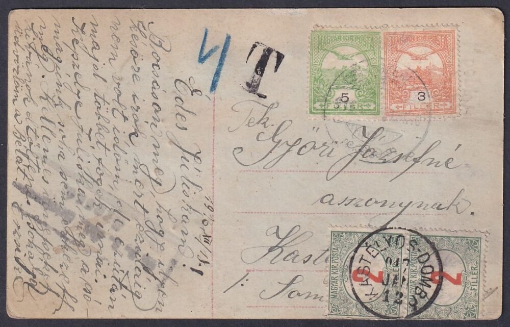 1916. CSÍK-SZEREDA, KASTÉLYOS-DOMBÓ-ra feladott képeslap, 2x2 fillér portóval