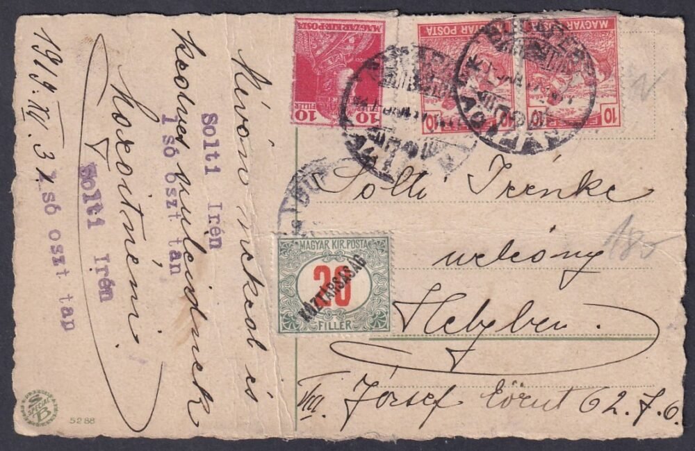 1919. Budapest helyben feladott képeslap, Köztársaság portóval