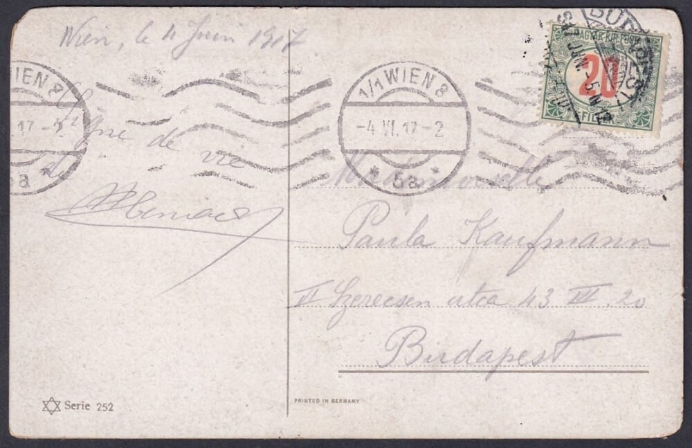 1917. Ausztriában, Budapestre feladott képeslap, bélyeghiány miatt portóval
