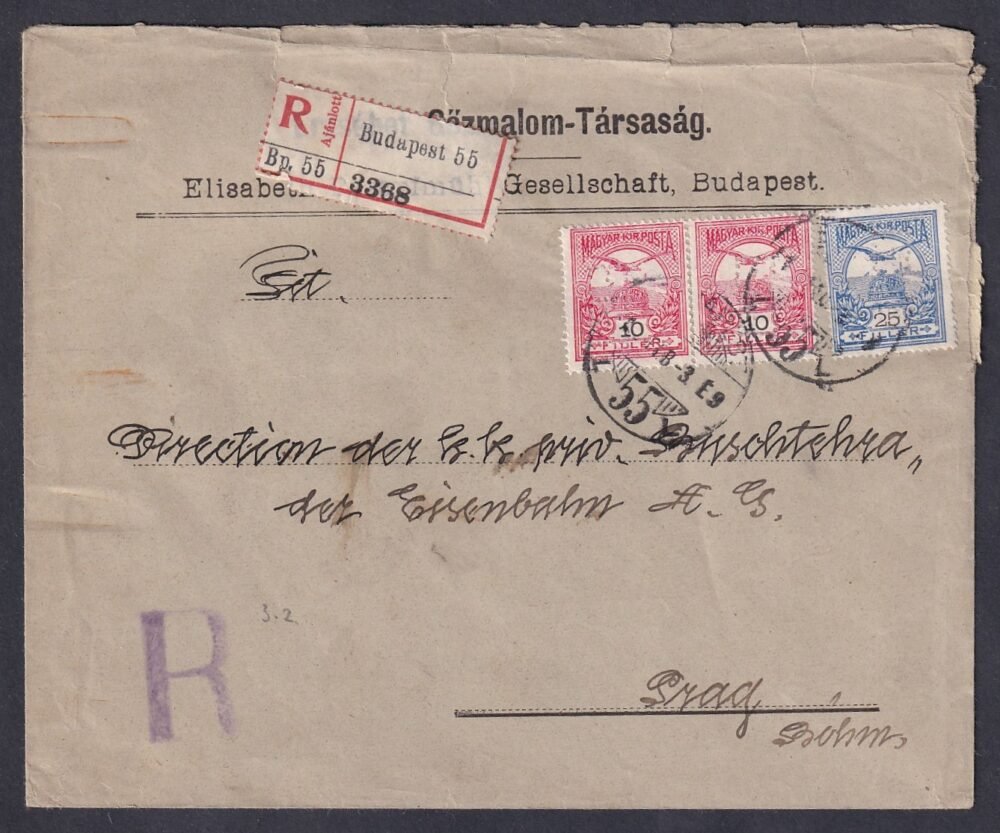 191?. Budapest, Erzsébet Gőzmalom-Társaság perfin bélyegekkel Prágába feladott ajánlott levél.  (Lente 3x 150 pont)