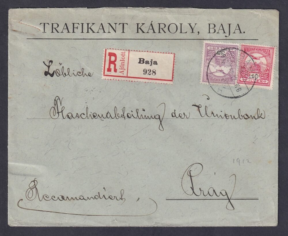 1912. Baja, Prágába feladott ajánlott levél