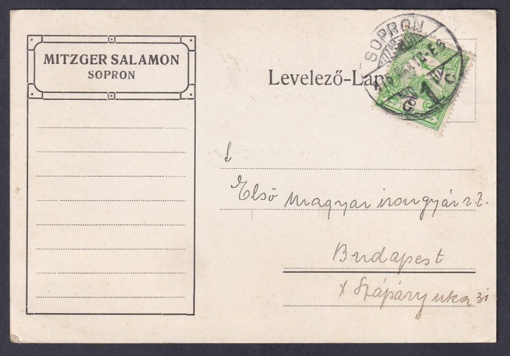 1915. Sopron, Budapestre feladott céges levelezőlap