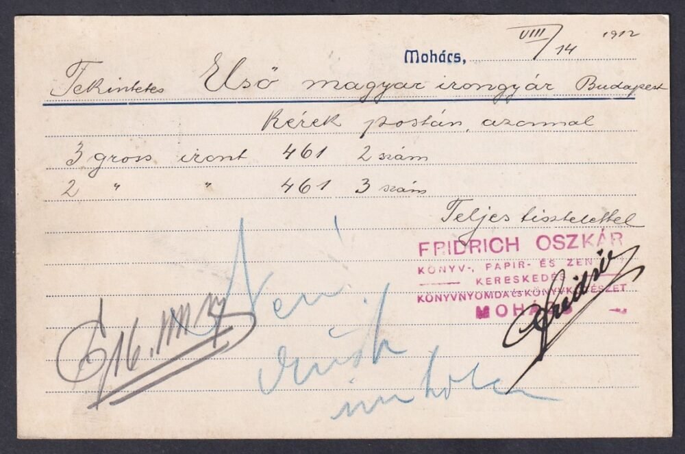 1912. Mohács, Budapestre feladott céges levelezőlap
