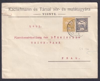 1910. Vihnyepeszer, Prágába feladott második súlyfokozatú nyomtatvány boríték