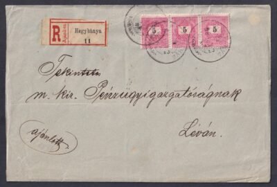 1896. Hegybánya, Lévára feladott ajánlott levél, érdkes címzett és érkezési bélyegzés