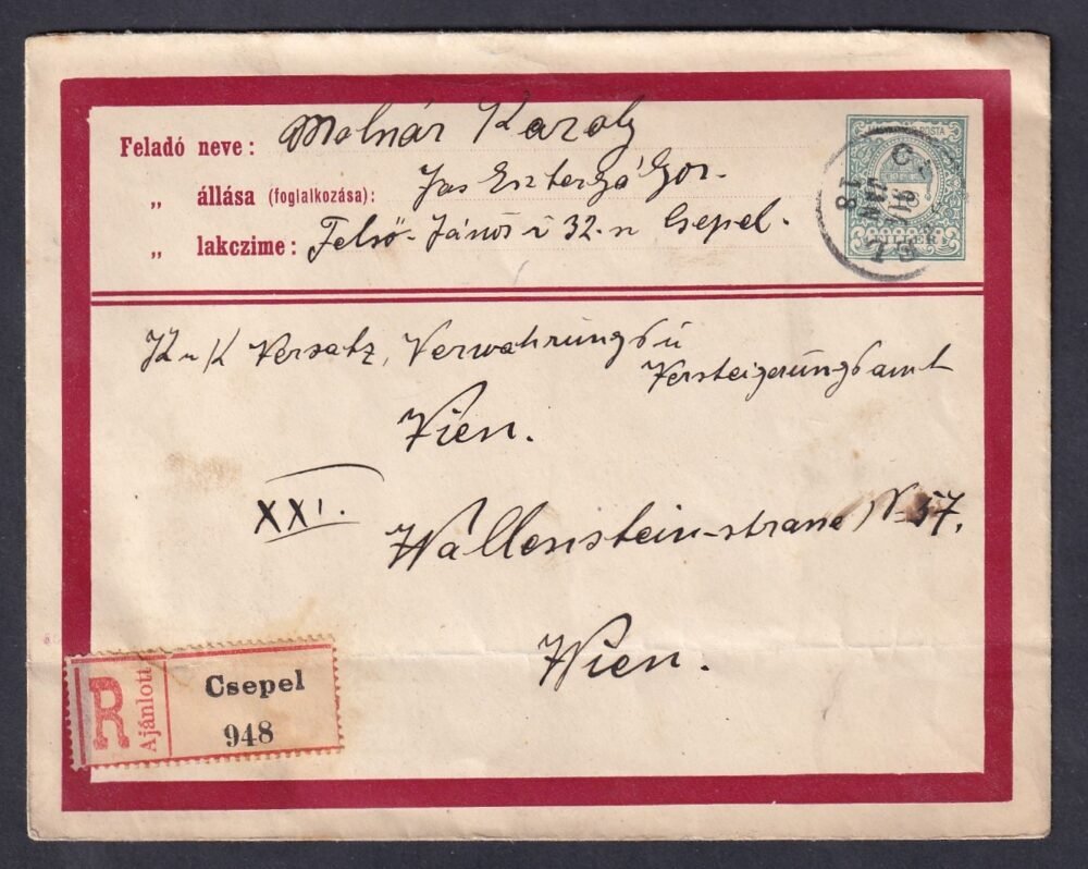1914. Csepel, Bécsbe feladott, ajánlott, díjkieészített 16 f díjjegyes levelezőlap