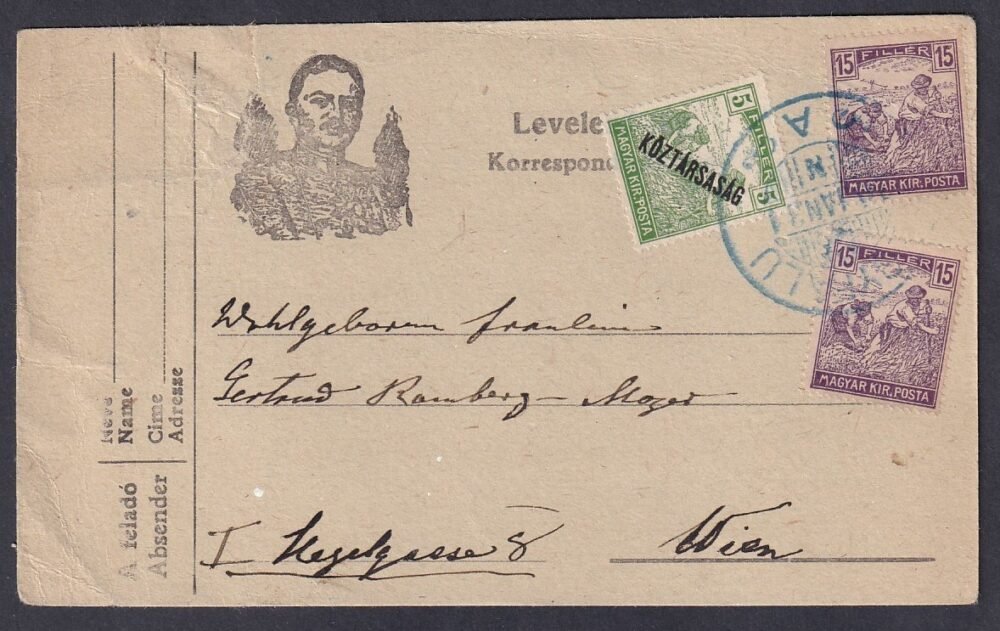 1920. Hegyfalu (kék színű bélyegzéssel) Bécsbe feladott levelezőlap