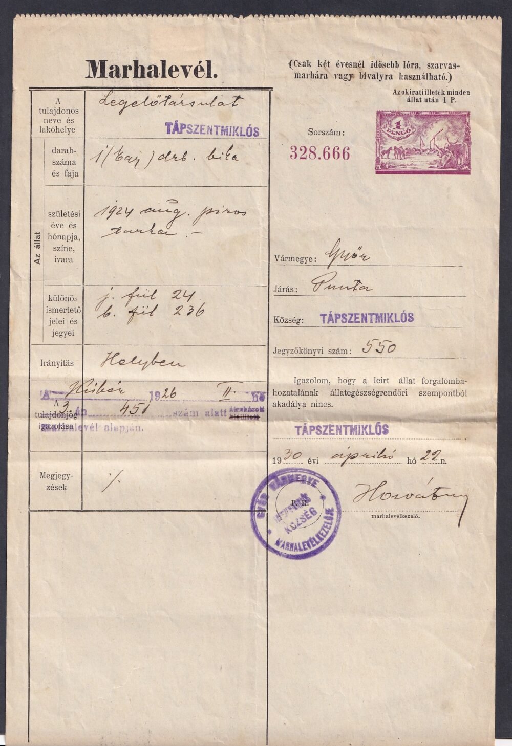 1930. Marhalevél - Image 2