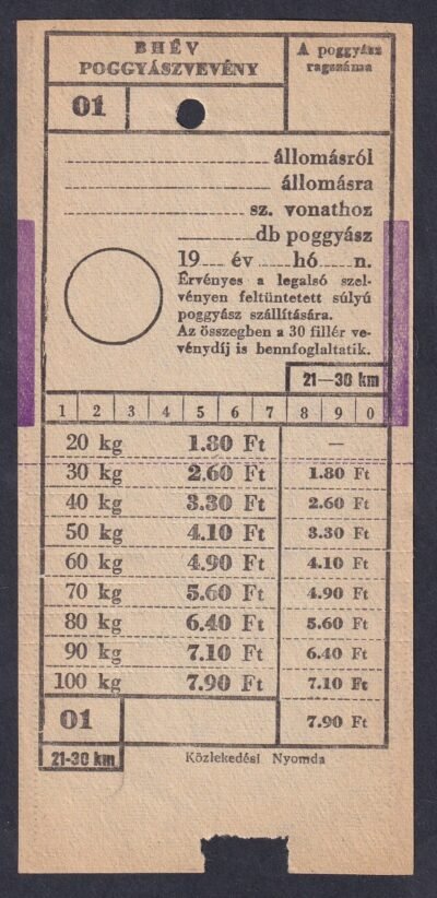 BHÉV, Poggyászvevény 21-30 km (használatlan)