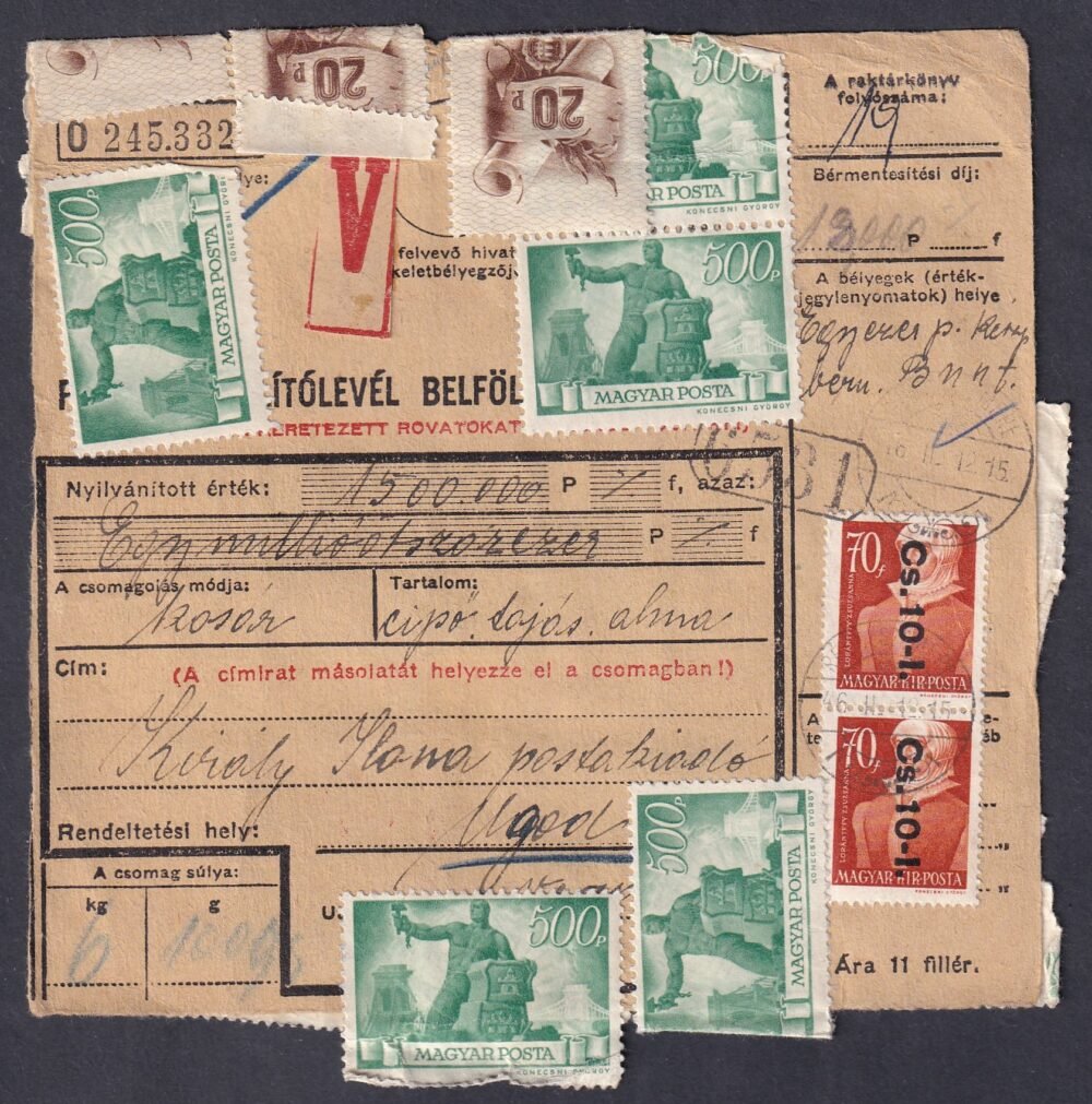 1946. Szállítólevél, vegyes készpénz bérmentesítéssel, csomagilleték díje okkirati Illetékbélyegekkel leróva, nagyon látványos darab!