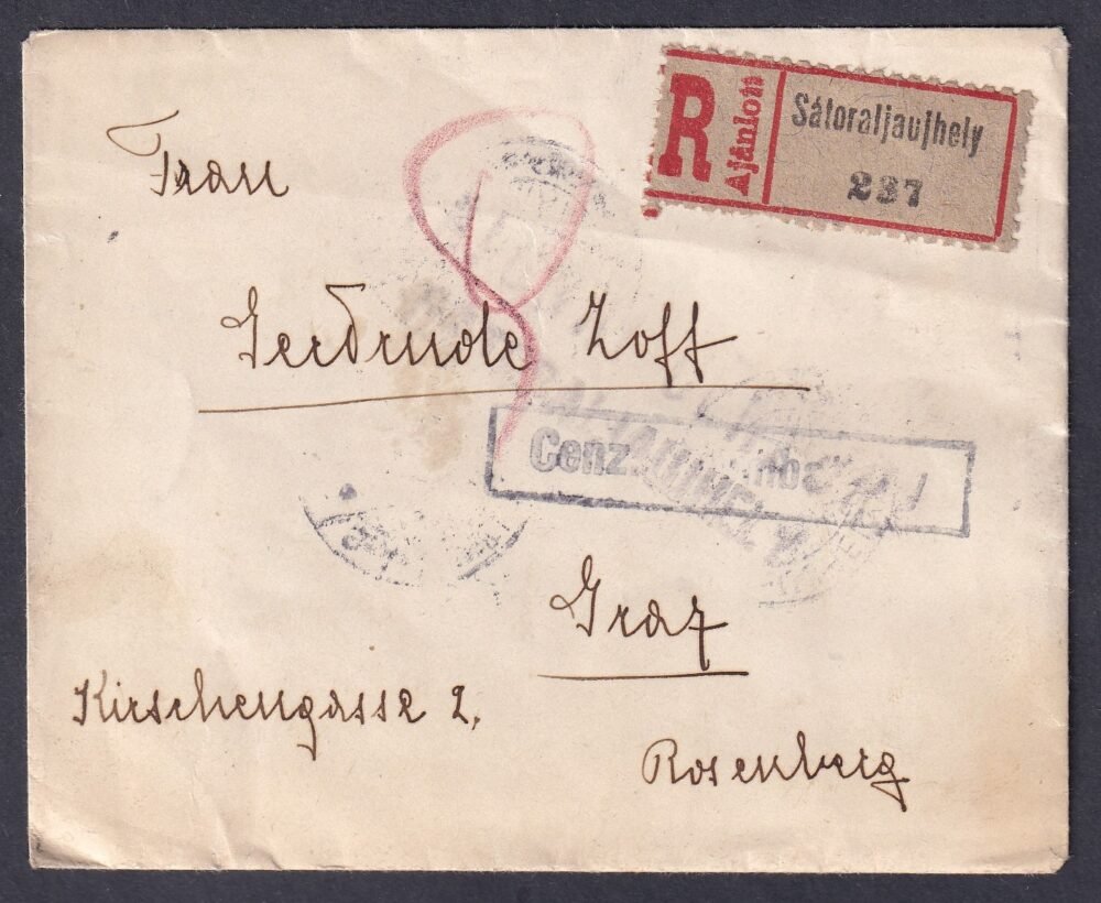 1920, Sátoraljaújhely, Graz-ba feladott ajánlott levél