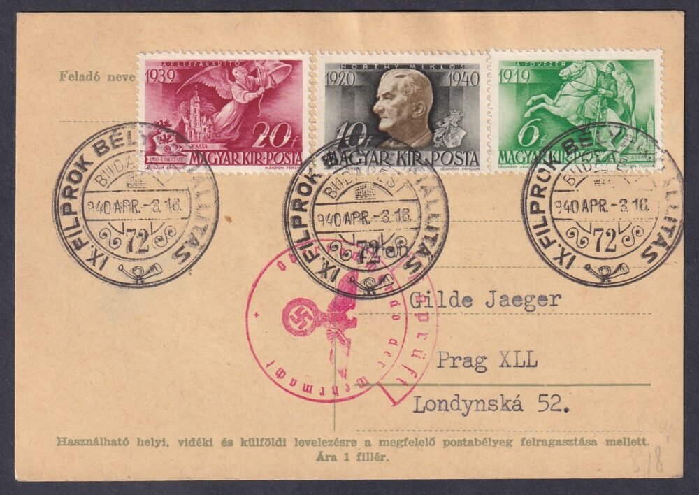 1940. Págába feladott cenzúrázott levelezőlap, FILPROK alkalmi bélyegzéssel