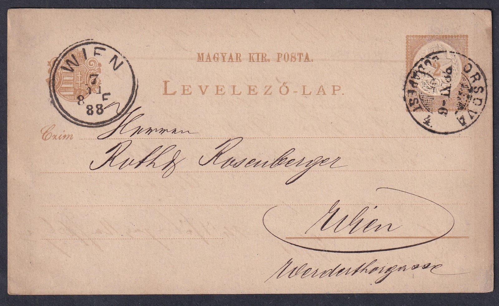 1888. ORSOVA/BUDAPEST mozposta bélyegzéssel Bécsbe feladott levelezőlap