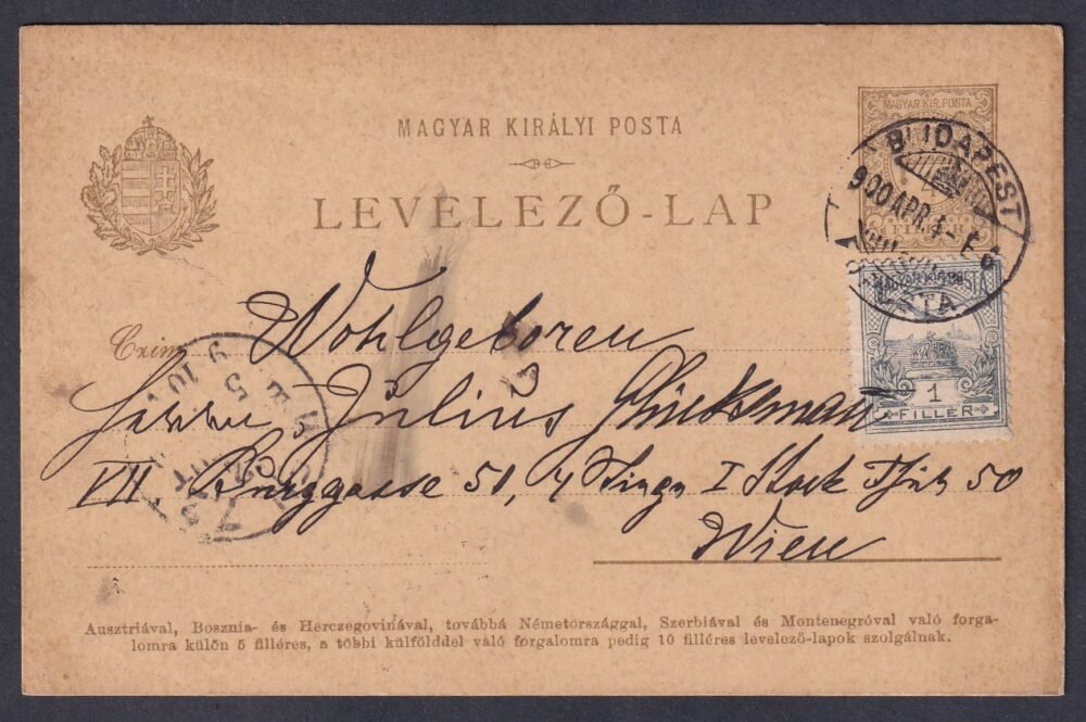 1900. Budapest, Bécsbe 1 fillér díjkiegészítéssel (Ritkább!) feladott levelezőlap