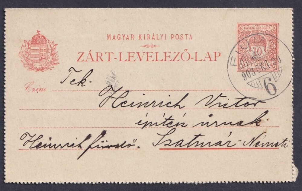 1903. FIUME, Szatmár-Németi-be feladott Zárt-Levelezőlap