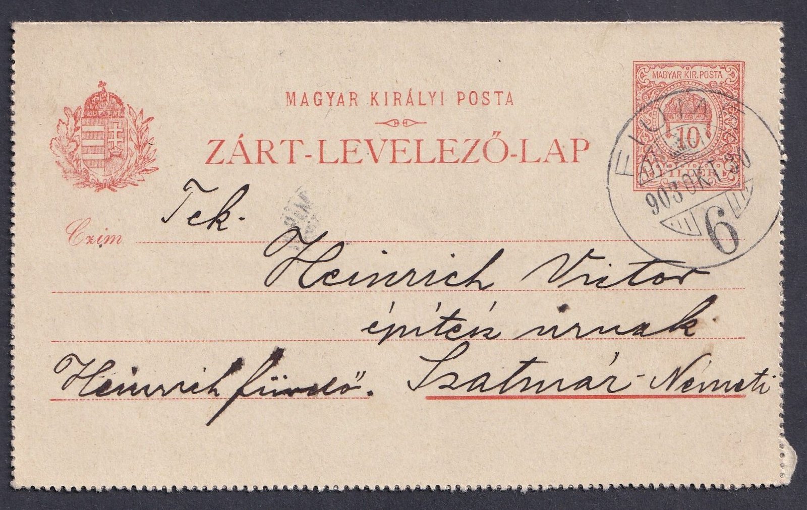 1903. FIUME, Szatmár-Németi-be feladott Zárt-Levelezőlap