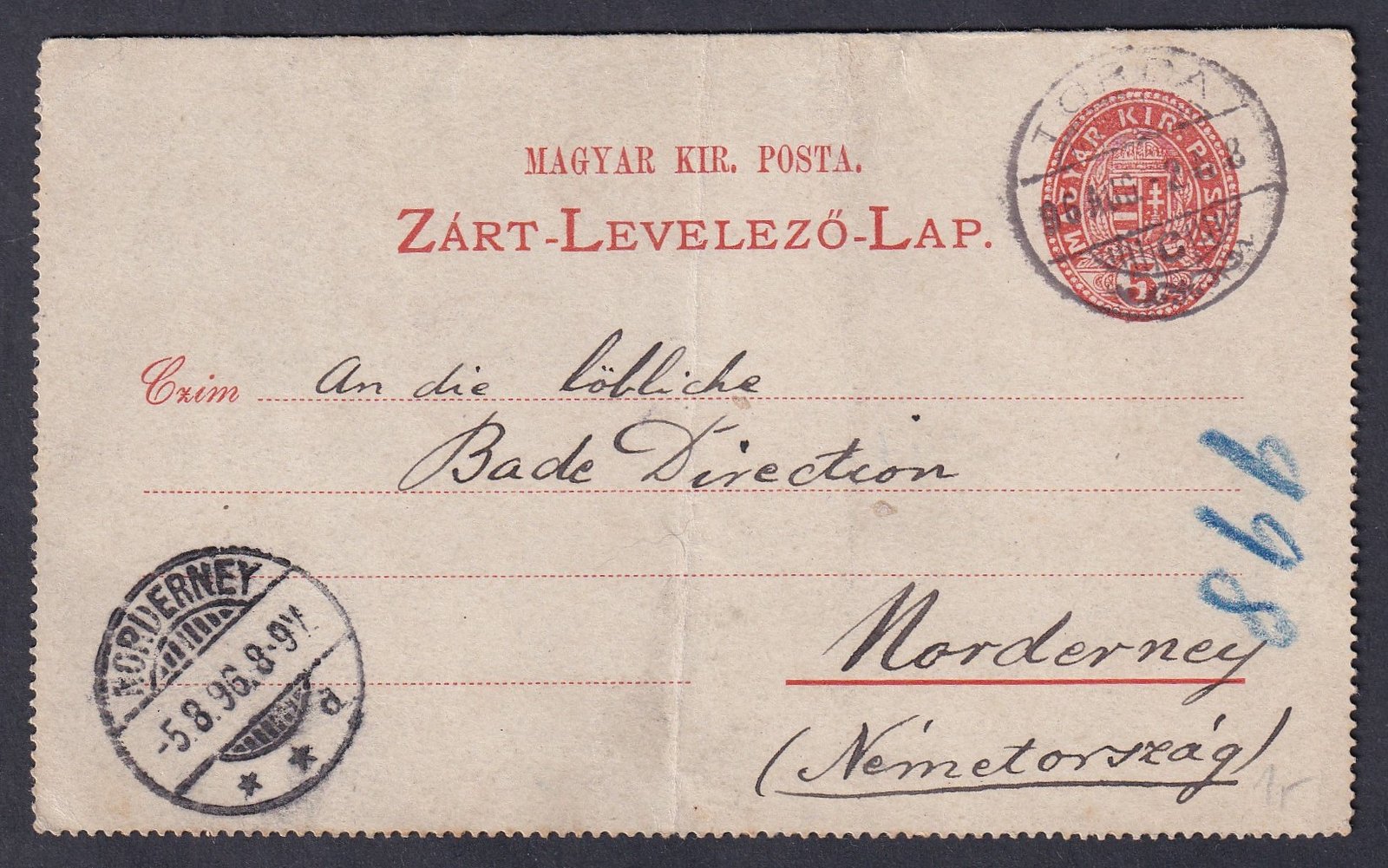 1896. TORDA,  Norderney (Németország, sziget) Zárt Levelezőlap, nagyon ritkán előforduló desztináció!