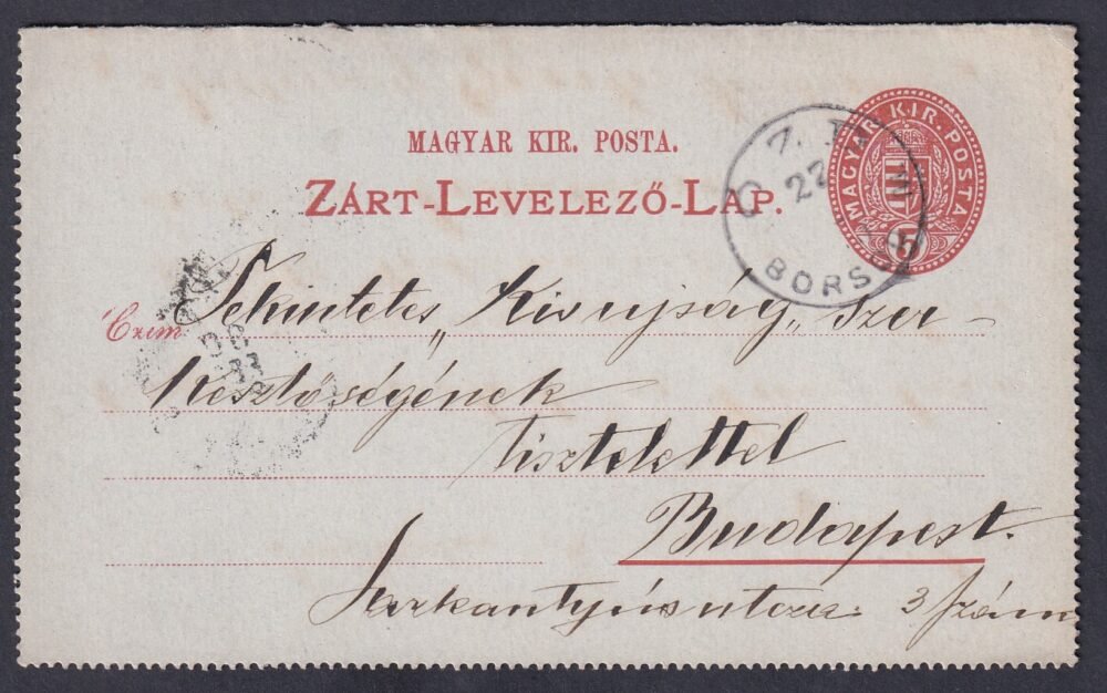 1890. ÓZD / BORSOD M. Budapestre feladott Zárt-Levelezőlap