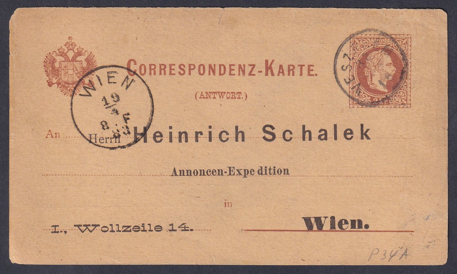 1883. Ausztria, 2 kr-os díjjegyes válaszlap, Veszprémből Bécsbe küldve – ritkán látható küldemény