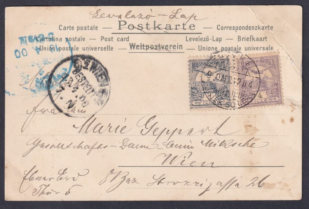 1900. Bécsbe feladott képeslap, ritkább 4+1 f díjlerovással