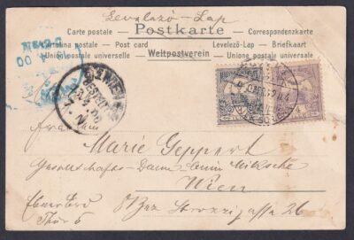 1900. Bécsbe feladott képeslap, ritkább 4+1 f díjlerovással