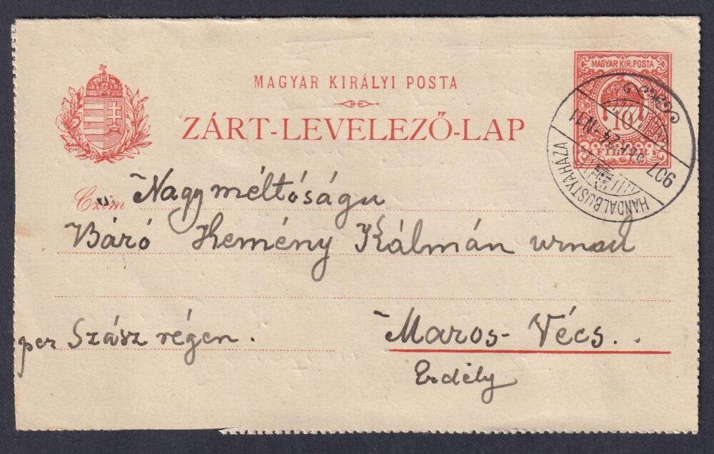 1907. Handalbustyaháza, Marosvécsre feladott Zárt-levelezőlap