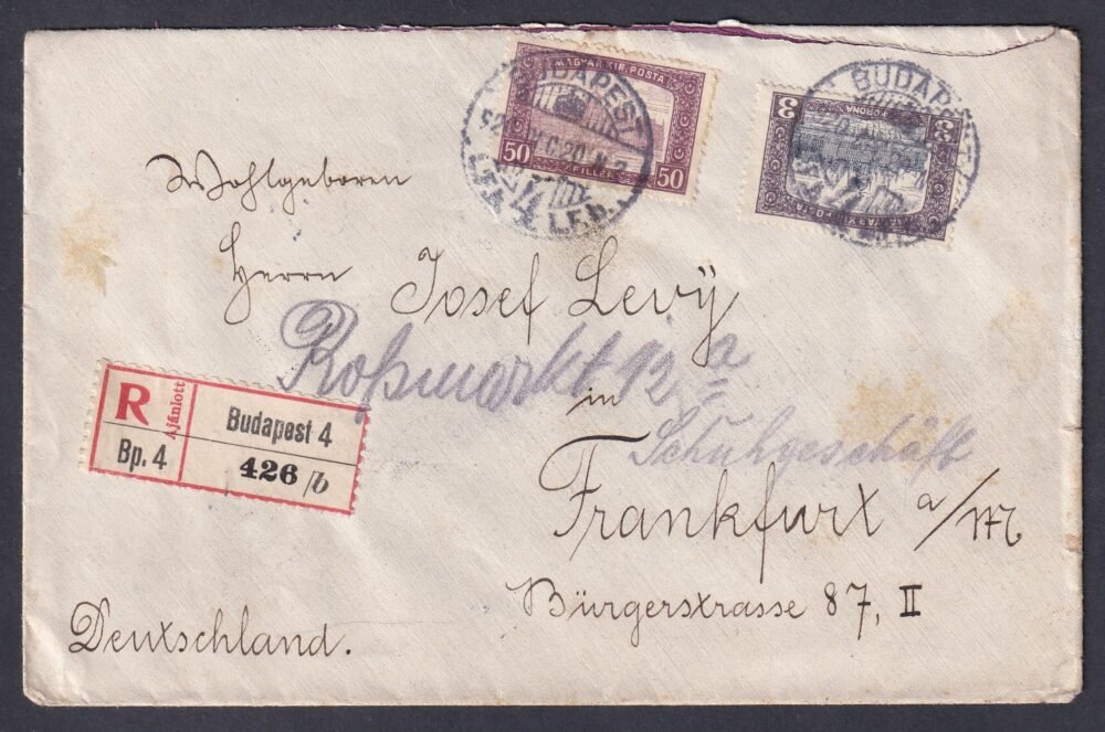 1921. Budapest, Frankfurtba feladott ajánlott levél (továbbküldve)