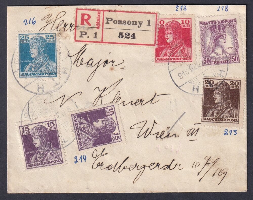 1918. Pozsony, Bécsbe feladott ajánlott levél, többes.színes Károly-Zita sorral bérmentesítés, (MBK magas pont érték!) érdekes darab!