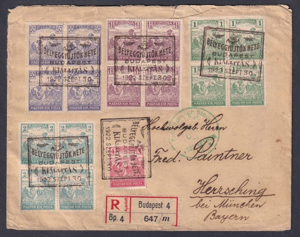 1922. Budapest Bélyeggyűjtők Hete alkalmi bélyegzéssel, Herrsching bei München -be feladott ajánlott levél
