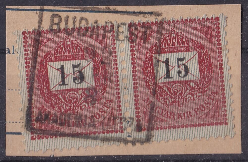 1889. 15 kr pár kivágáson, vékony sötétkék alapvonalkázás, a bal "1" előtt színes pont- BUDAPEST / AKADÉMIA UTCZA (Gudlin 80 pont)