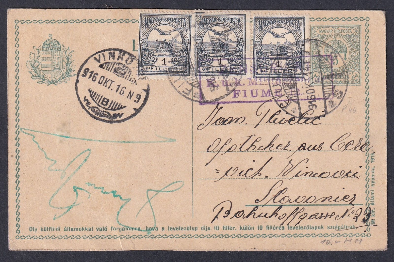 1916. FIUME, VINKOVCE-re feladott cenzúrázott levelezőlap, 3x1 fillér díjkiegészítéssel