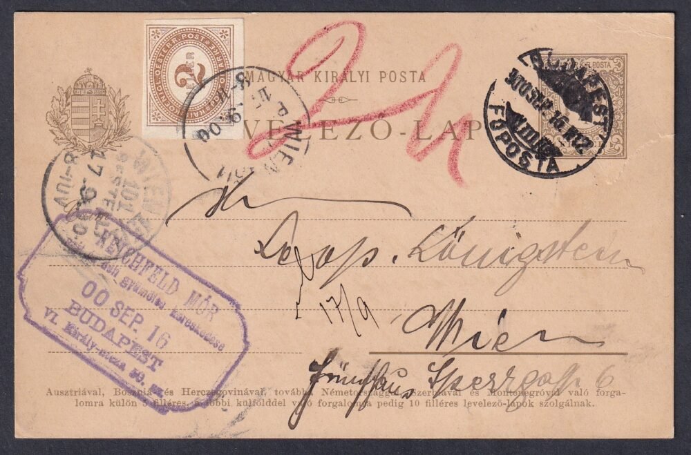 1900. Budapest, Bécsbe feladott céges levelezőlap, 2 Heller portóval