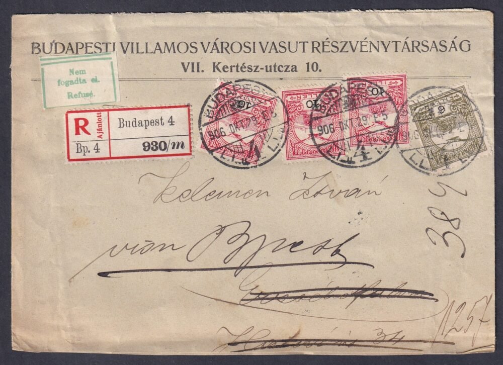 1906. Budapest, helyben feladott ajánlott levél „Nem fogadta el” ragjeggyel visszaküldve - ERZSÉBETFALVA érkezési bélyegzés