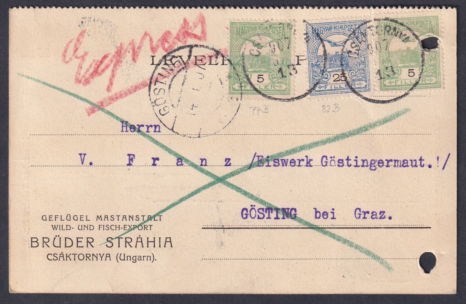 1907. Csáktornya, Göstingbe (Ausztria) feladott céges levelezőlap