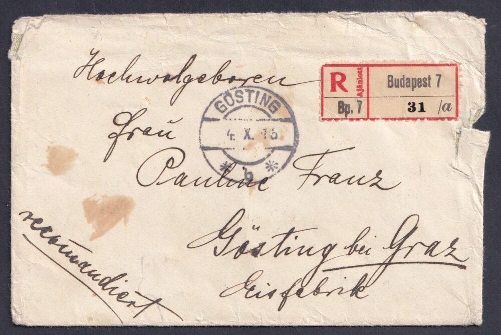 1915. Budapest, Göstingbe (Ausztria) feladott ajánlott levél