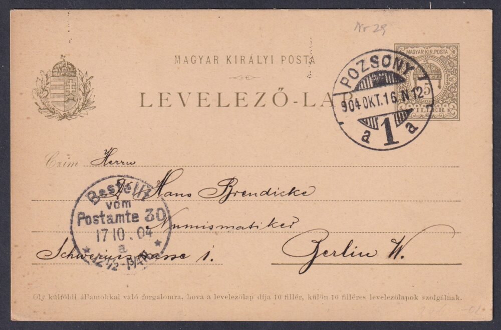 1904. Pozsony, Berlinbe feladott levelezőlap