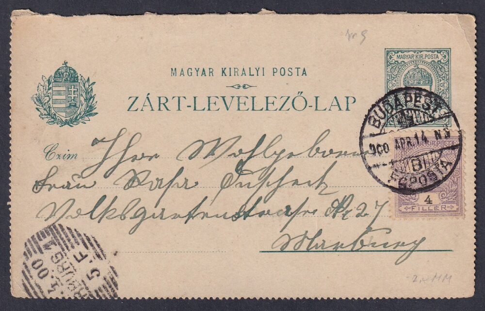 1900. Budapest, Strasbourg (Franciaország) feladott Zárt-levelezőlap