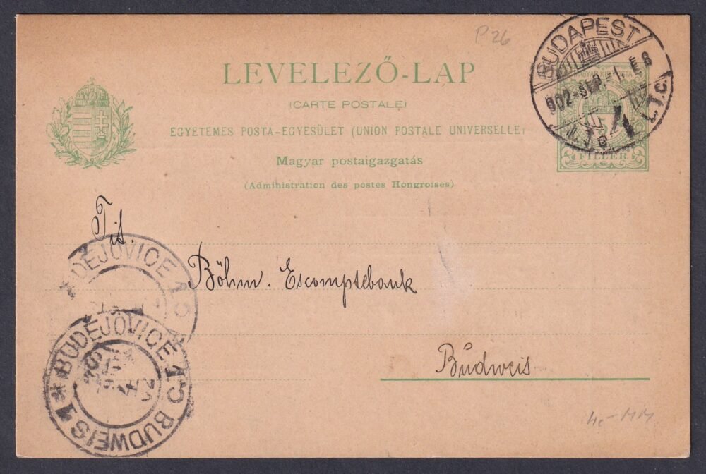 1902. Budapest, Budweis (České Budějovice) -ba feladott levelezőlap