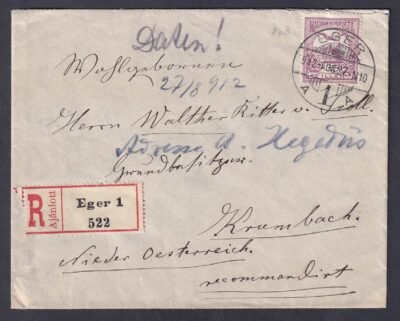 1912. Eger, Krumbach (Alsó-Ausztria)-ba feladott ajánlott levél, visszaküldve