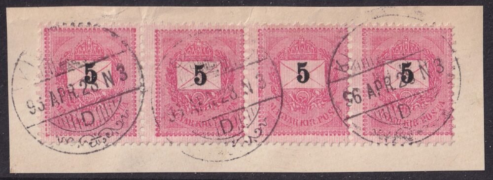 1889. 5 kr négyes csík kivágáson