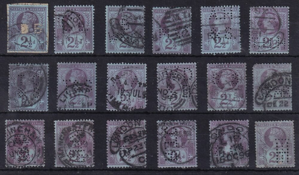 1887 Nagy-Britannia, 18 db perfin bélyeg, nagyon magas katalógus ár