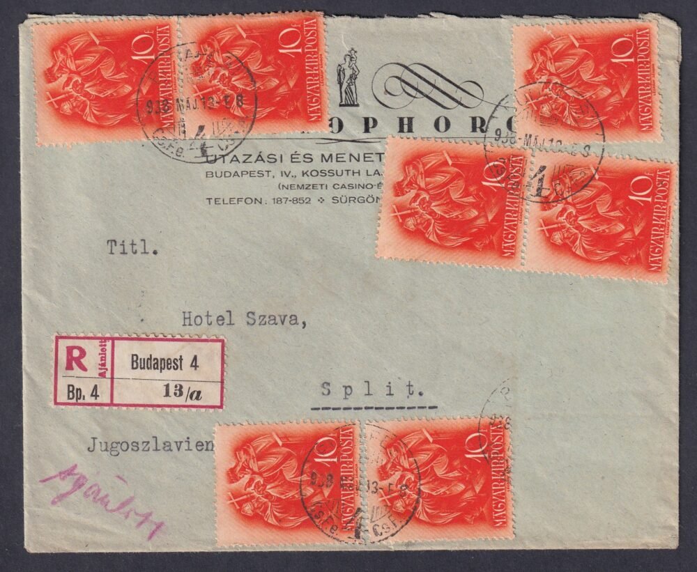 1938. Budapest, Split (Jugoszlávia)-ba feladott ajánlott levél+