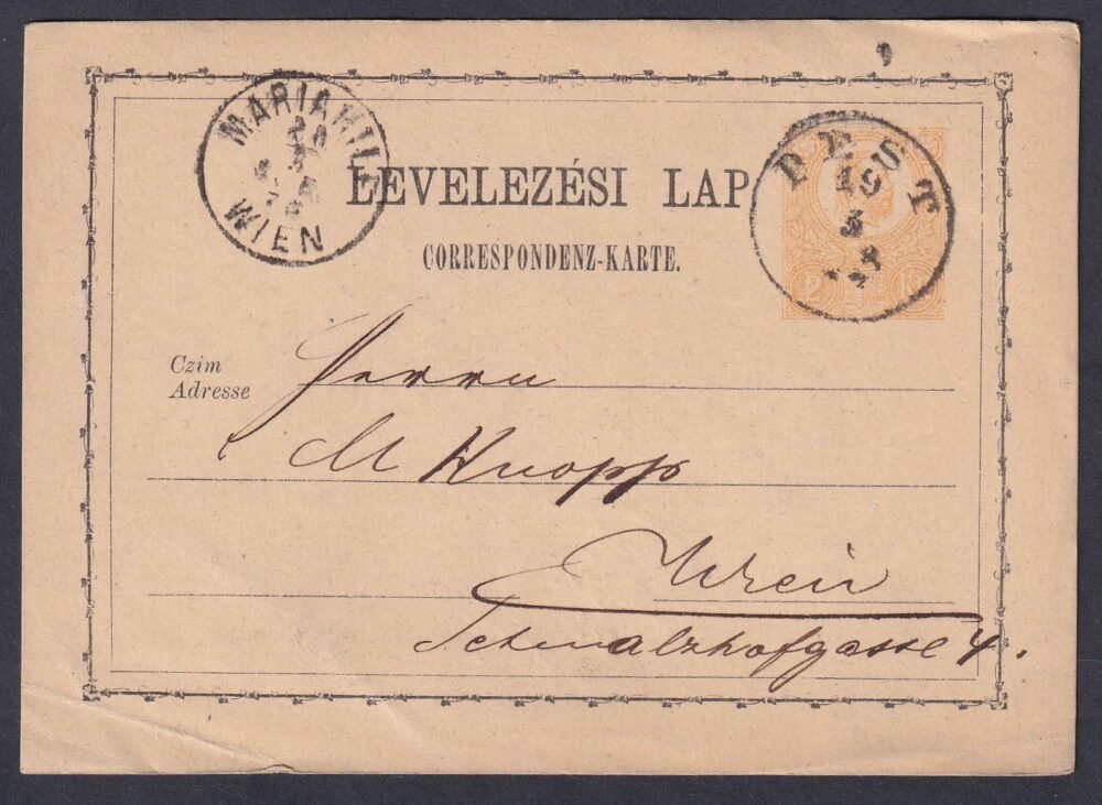 1871. Pest, Bécsbe feladott 2kr díjjegyes levelezőlap