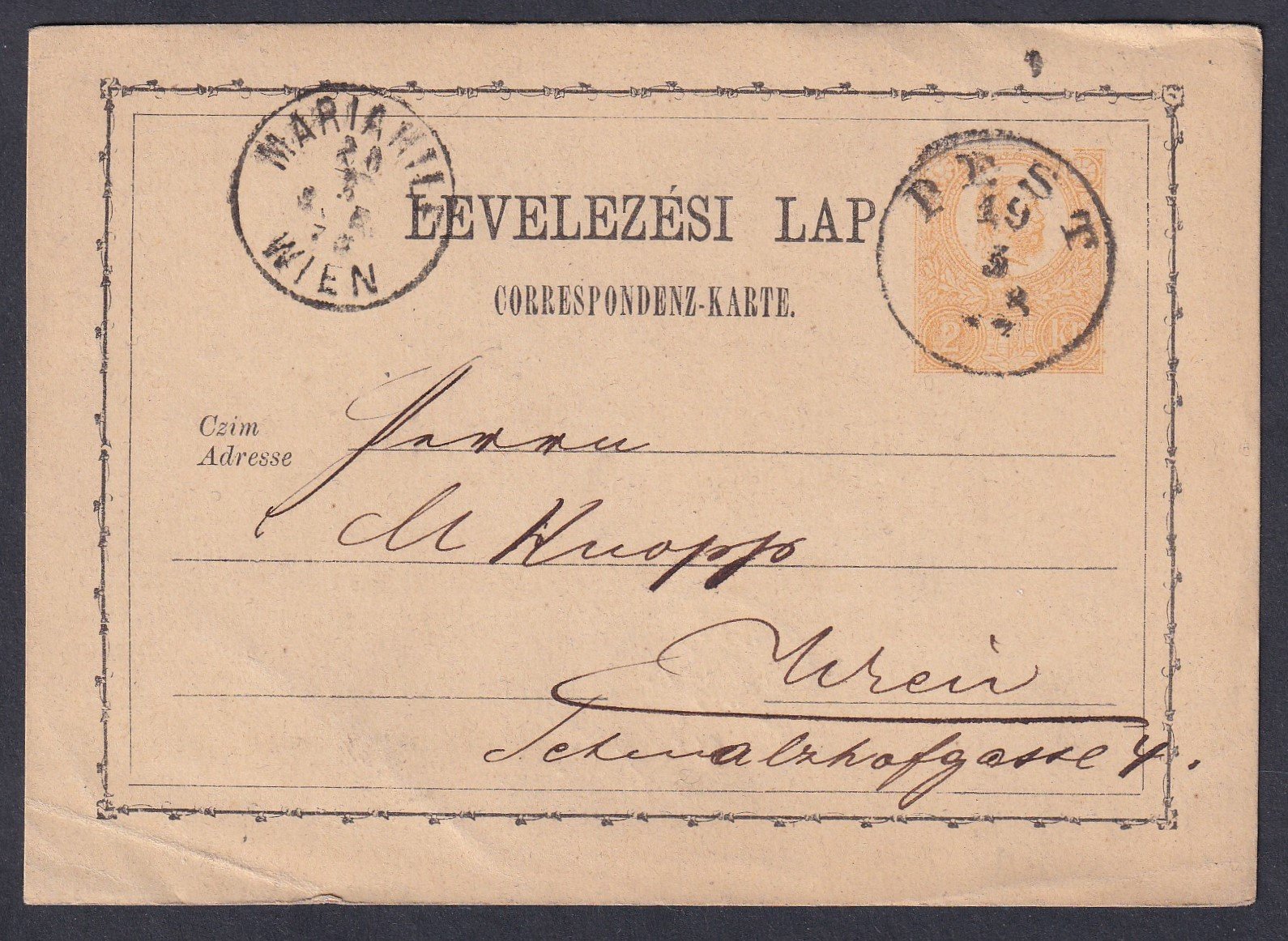 1871. Pest, Bécsbe feladott 2kr díjjegyes levelezőlap